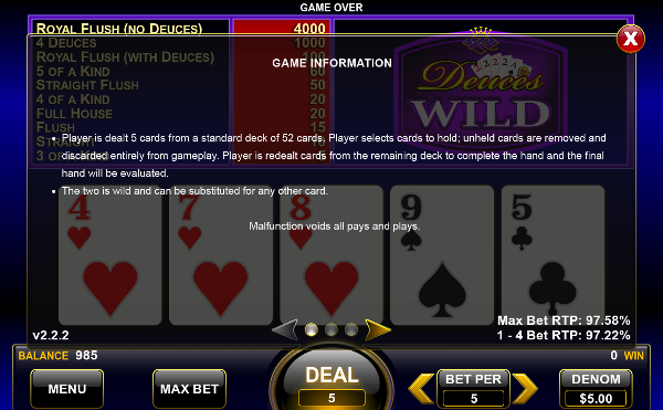 Игровой автомат Deuces Wild - шикарные выигрыши и настоящий азарт в казино Вулкан Гранд